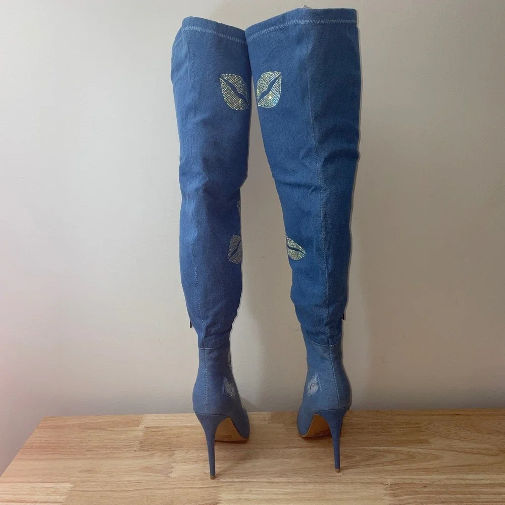 Cape Robbin Distressed Denim Rhinestone Thigh High Stiletto Boots Size‎ 7 NIB